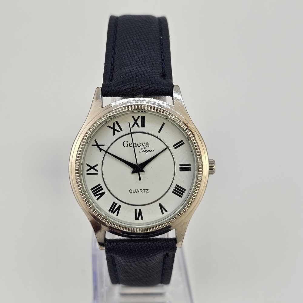 Geneva Women's Watch 36MM White Dial Dark Blue Faux Leather Bands New Battery